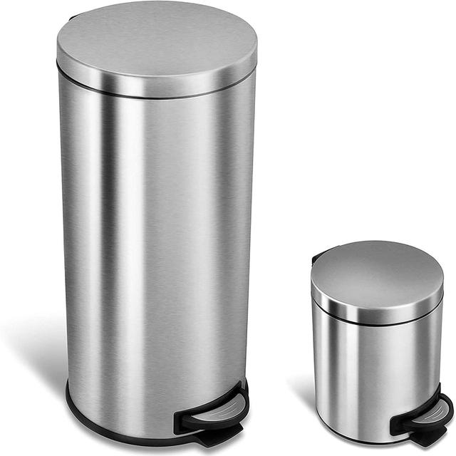 NINESTARS CB-SOT-30-1/5-1 Step-on Trash Can Combo Set, 8 Gal 30L & 1.2 Gal 5L, Stainless Steel Base (Round, Stainless Steel Lid)