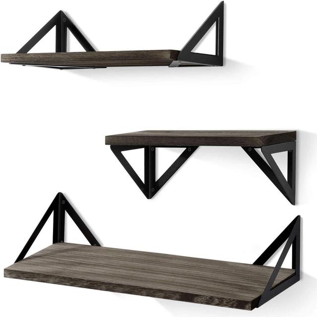 BAYKA Floating Shelves Wall Mounted, Rustic Wood Wall Shelves Set of 3 for Bedroom, Bathroom, Living Room, Kitchen (Grey)