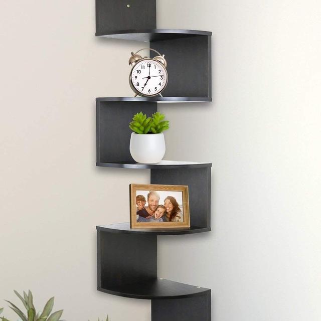 Greenco 5 Tier Wall Mount Corner Shelves Espresso Finish , 7.75" L x 7.75" W x 48.5" H.