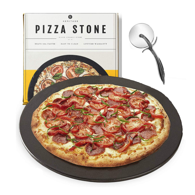 Heritage Black Ceramic Pizza Stone and Pizza Cutter Wheel - Baking Stones for Oven, Grill & BBQ - Non Stain