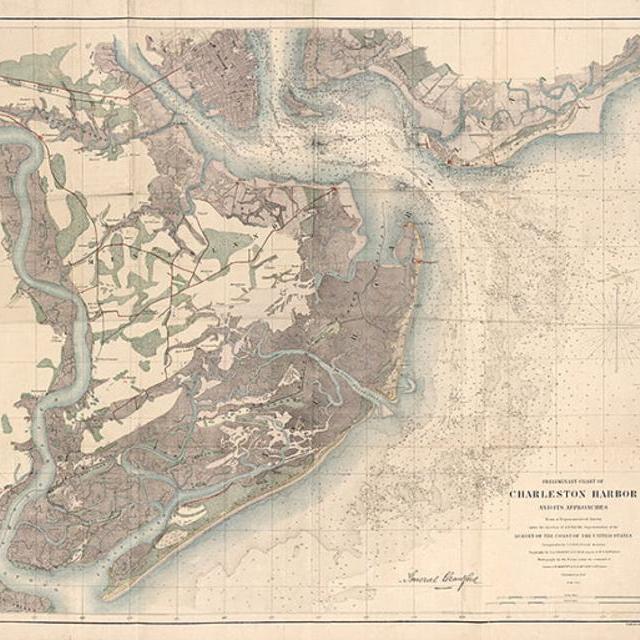 Coast Survey of Charleston Harbor,  South Carolina SC 1858.  Vintage restoration hardware home Deco Style old wall reproduction map print.