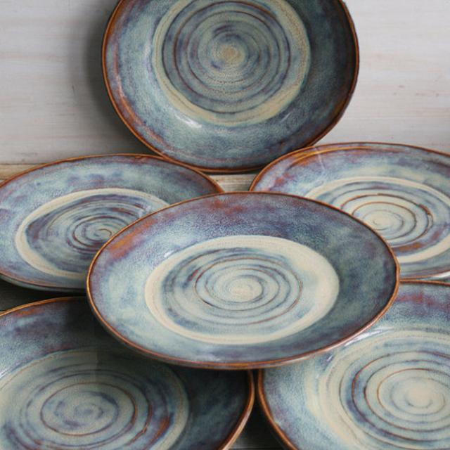 Ceramic Dinnerware Dishes Rustic Earthy Glaze Handmade Set of Six Rustic Stoneware Plates Green and Brown Pottery Dinner Plates