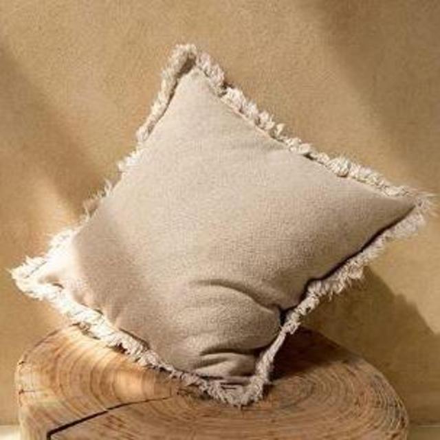 5F Balcony Decorative Boho Linen Throw Pillow Cover with Handmade Fringes - Neutral Beige Pillow Cover 18 × 18, Soft Solid Square Cushion Cover for Couch Bed Patio Outdoor