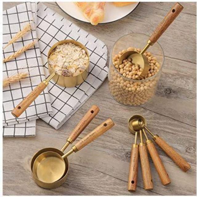 Muchtolove Measuring Cups and Spoons Set of 8, Golden Stainless Steel Measuring Cup with Wooden Handle, Kitchen/Food/Liquid/Baking (Gold)