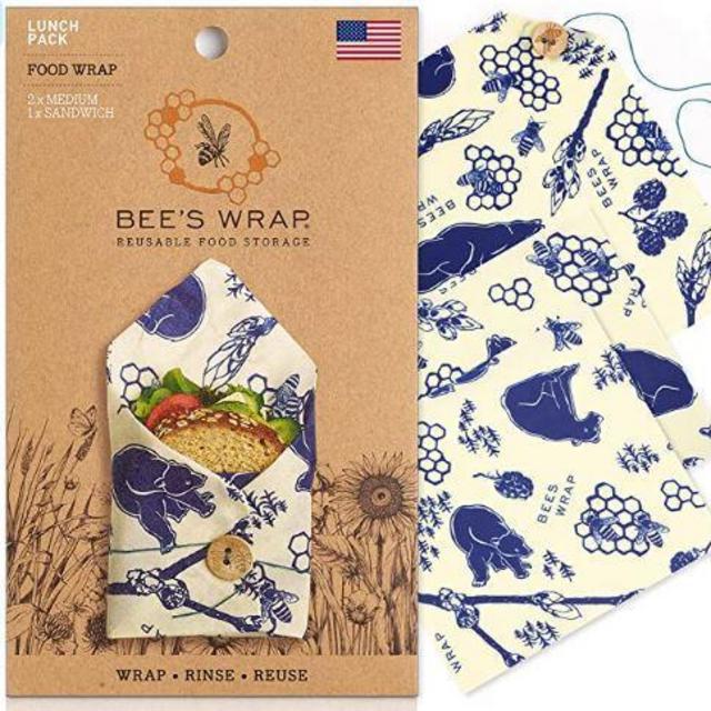 Bee's Wrap - Lunch Pack - Made in the US - Beeswax Food Wrap - Bees and Bears Print - 3 Pieces (Sandwich Wrap, 2 Medium Food Wraps)