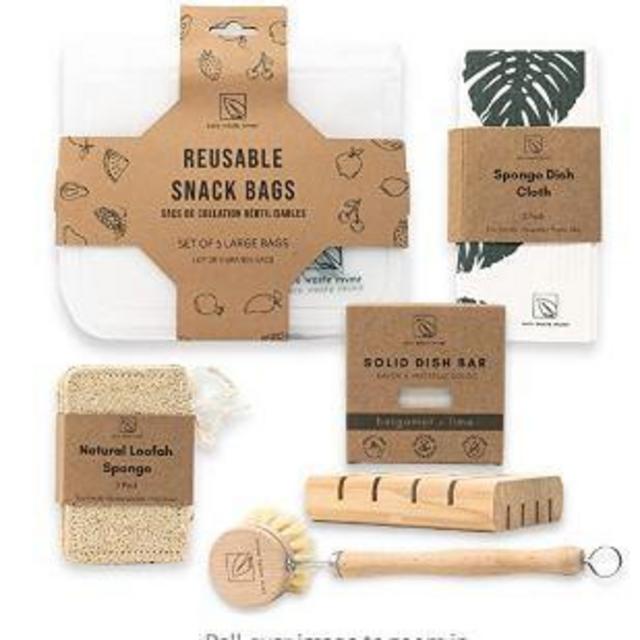 Zero Waste MVMT Kitchen Essentials Bundle | Eco-Friendly Gift | Solid Dish Soap Bar, Cedar Soap Tray, Wood Dish Brush, Swedish Dishcloths, Loofah Sponge & Reusable Snack Bags | 13 pc. Set