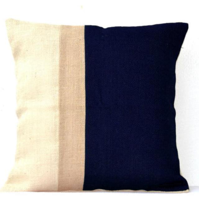 Burlap Pillows -Navy Blue Burlap Pillow color block - Blue Decorative cushion cover- Navy Throw pillow -Gift -Navy Euro Sham -Bedding