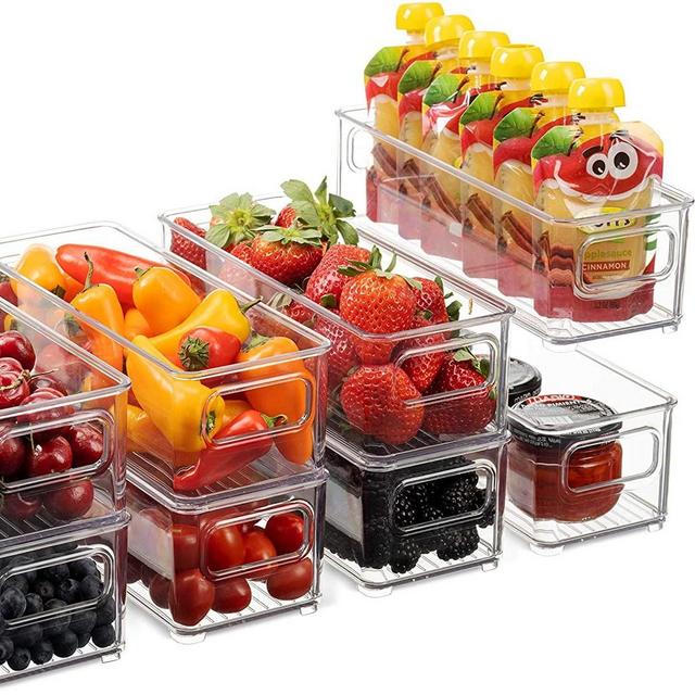Set Of 8 Stackable Plastic Food Storage Bins - Refrigerator Organizer with Handles for Pantry, Fridge, Freezer, Kitchen, Countertops, Cabinets - Clear Plastic BPA Free Food Storage Rack