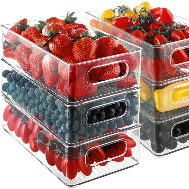 Refrigerator Organizer Bins, HERKKA 6 PACK Organizer Bins Stackable Fridge Organizers with Cutout Handles for Freezer, Kitchen, Countertops, Cabinets - Clear Plastic Pantry Food Storage Rack