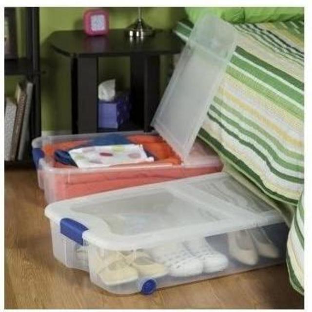 4-Pack Under Bed Plastic Storage Bin Unit Boxes Are Containers For Clothes, Books, Diapers, Shoes, Linen. Office Supplies, Camping, RV, Pantry Foods 66 Quart Capacity