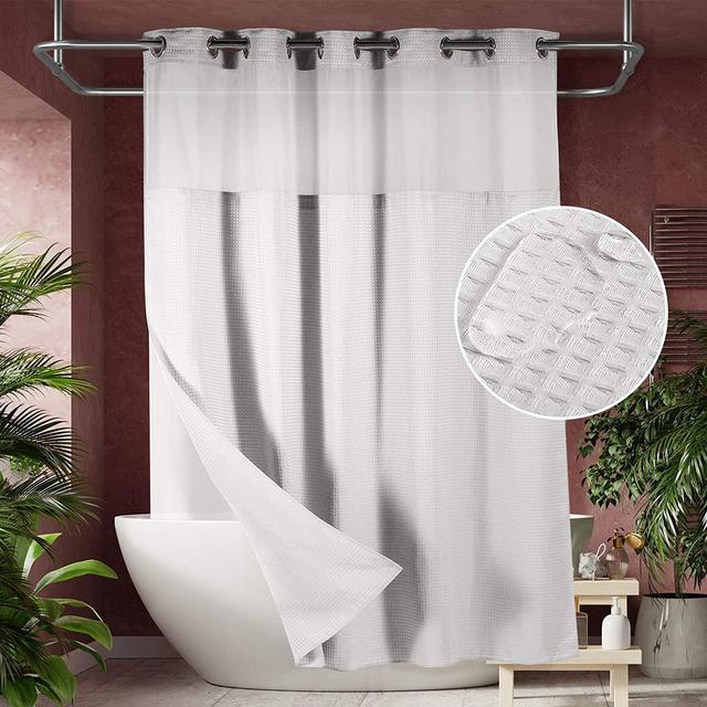 Lagute SnapHook Waffle Weave Fabric Hook Free Shower Curtain with Snap-in Liner, Heavy Duty Bath Curtain with See Through Top, Hotel Grade, Machine Washable, 71Wx78L, White