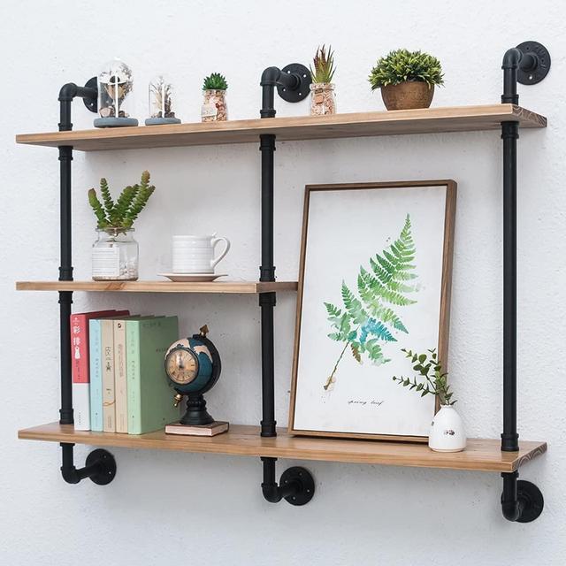 Industrial Pipe Shelf with Wood 43.3in,Rustic Wall Mount Shelf 3-Tiers,Metal Hung Bracket Bookshelf,DIY Storage Shelving Floating Shelves