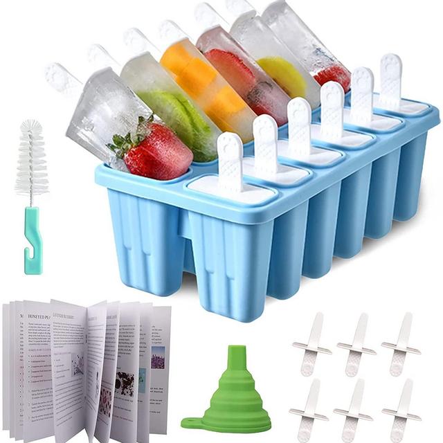 Miaowoof Homemade Popside Mold, 12 PCS Ice Pop Molds, Reusable Popsicle Molds Silicone BPA Free, Ice Pop Molds with Popsicle Maker Recipes, Funnel, Cleaning Brush and 18 Reusable Sticks（Blue）