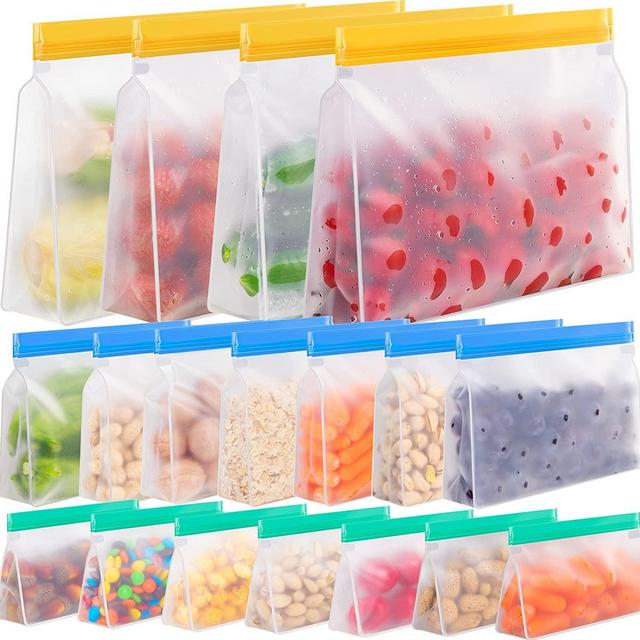 Reusable Storage Bags Stand Up, 24 Pack Reusable Sandwich Bags, Reusable Freezer Lunch Bags, Leakproof Reusable Bags Silicone, Reusable Gallon Bags(18Pack-4Large Bags+7Sandwich Bags+7Snack Bags)