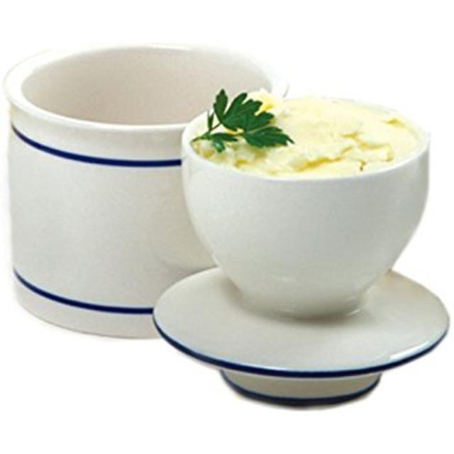 The Original Butter Bell Crock by L. Tremain, Le Bistro - White with Blue Banding
