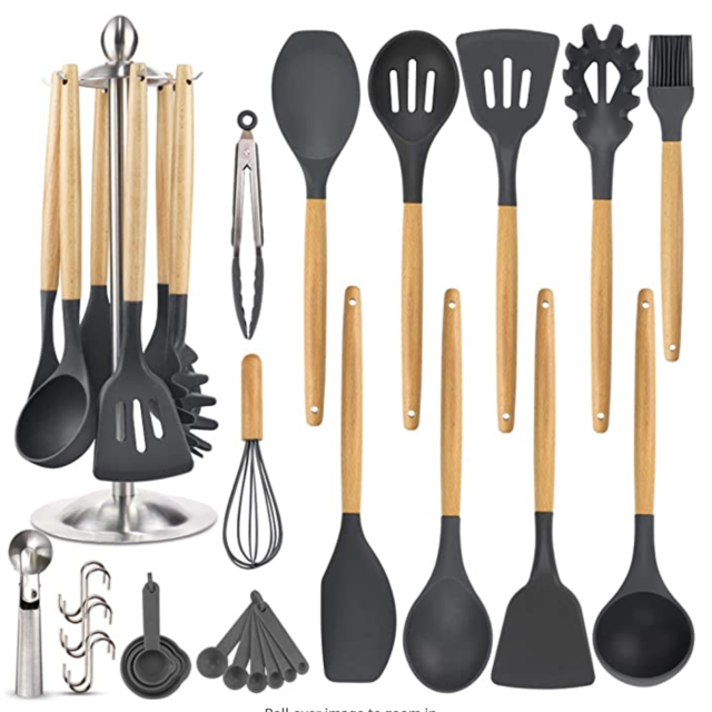 Silicone Kitchen Cooking Utensil Set, EAGMAK 15PCS Kitchen Utensils Spatula Set with Matching Canister for Nonstick Cookware, BPA Free Non Toxic Cooking Utensils, Kitchen Tools Gift (Black Gray)