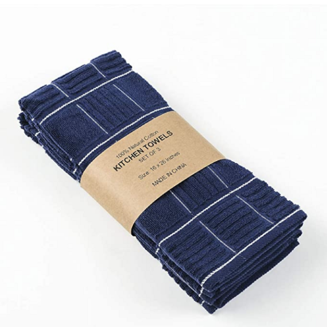 Anyi Kitchen Dish Towels Heavy Duty Absorbent Dish Cloths with Hanging Loop 100% Cotton Tea Bar Towels (16x26, Set of 3, Navy)