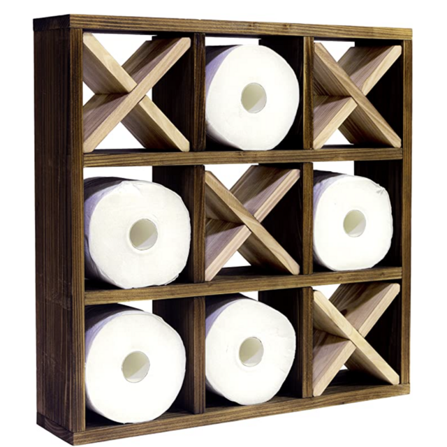 Tic Tac Toe Toilet Paper Holder | Rustic Wall Mounted Floating Hanging or Freestanding Storage Wooden Shelf | Over The Toilet Roll Storage Rack Organizer | Bathroom Vintage Decor (Farmhouse Brown)