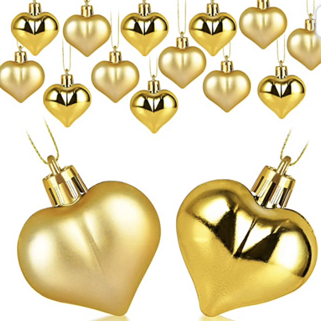 Liitrton 15 PCS Heart Shaped Decorations for Christmas Tree Party Decor Valentine's Day Hanging Ornaments (Gold)