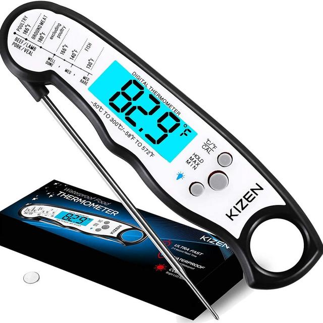 Kizen Digital Meat Thermometers for Cooking - Waterproof Instant Read Food Thermometer for Meat, Deep Frying, Baking, Outdoor Cooking, Grilling, & BBQ (Black/White)