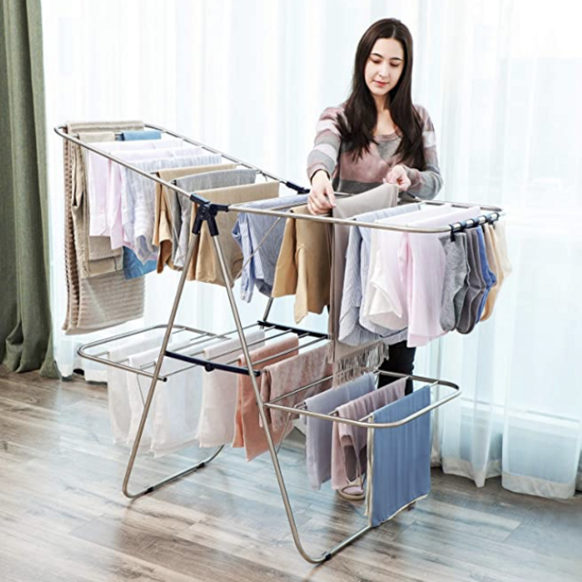 SONGMICS Clothes Drying Rack, Foldable 2-Level Stable Indoor Airer, Free-Standing Laundry Stand, with Height-Adjustable Gullwings, for Bed Linen, Clothing, Socks, Scarves, Blue ULLR53BU
