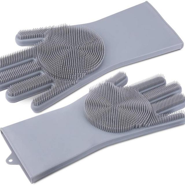 Magic Dishwashing Gloves with Scrubber, Silicone Cleaning Reusable Scrub Gloves for Wash Dish,Kitchen, Bathroom(Gray,1 Pair: Right + Left Hand)