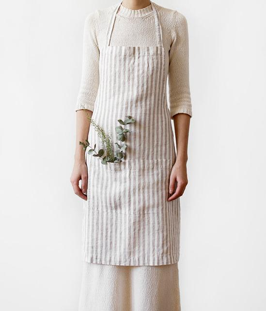 White Natural Stripes Stone Washed Linen Apron