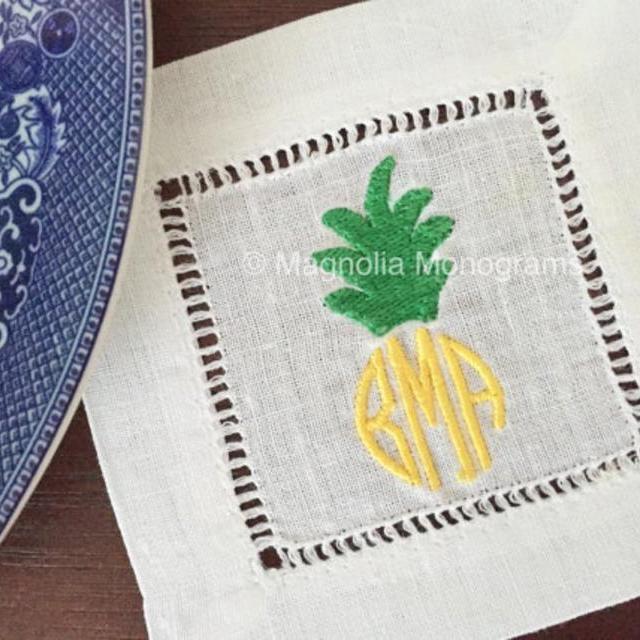 Monogrammed Pineapple Linen Cocktail Napkins, Linen Napkins, Cocktail Napkins, Monogrammed Linen