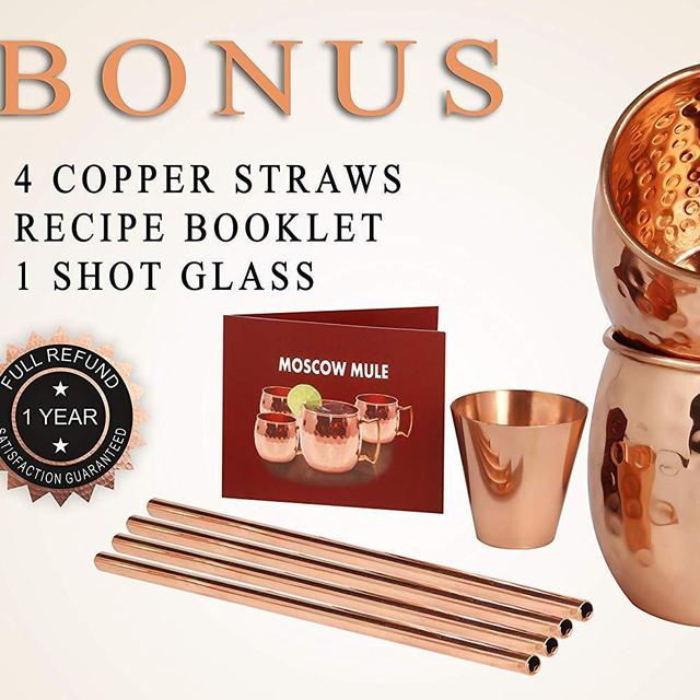 Moscow Mule Copper Mugs - Set of 4-100% HANDCRAFTED Food Safe Pure Solid Copper Mugs - 16 oz Gift Set with BONUS: Highest Quality 4 Cocktail Copper Straws and 1 Shot Glass with Recipe Booklet!