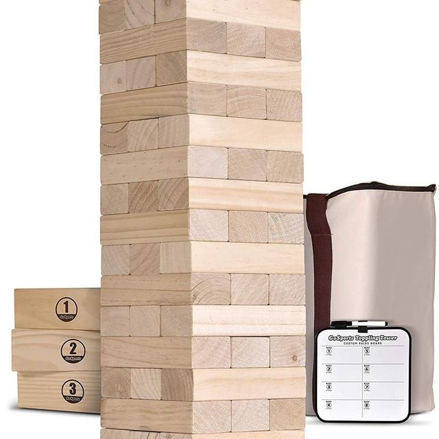 GoSports Giant Wooden Toppling Tower (Stacks to 5+ Feet) | Choose Between Natural, Brown Stain, Gray Stain or Stars and Stripes | Includes Bonus Rules with Gameboard | Made from Premium Pine