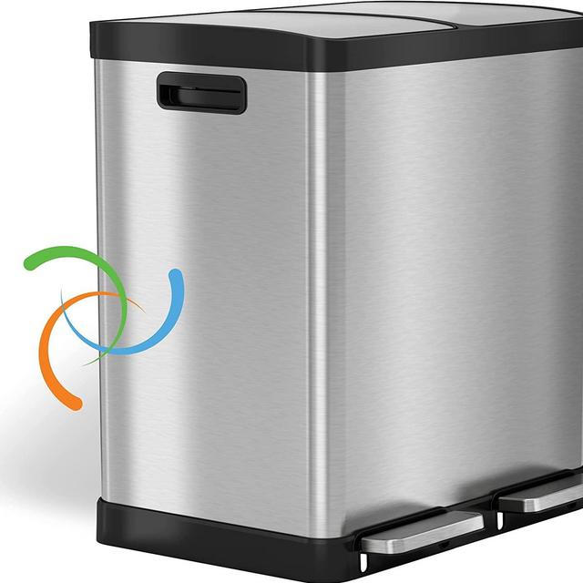 iTouchless 16 Gallon Dual Step Trash Can & Recycle, Stainless Steel Lid and Bin Body with Handle, Includes 2 x 8 Gallon (60L) Removable Buckets are Color-Coded, Soft-close and Airtight Lid, Silver