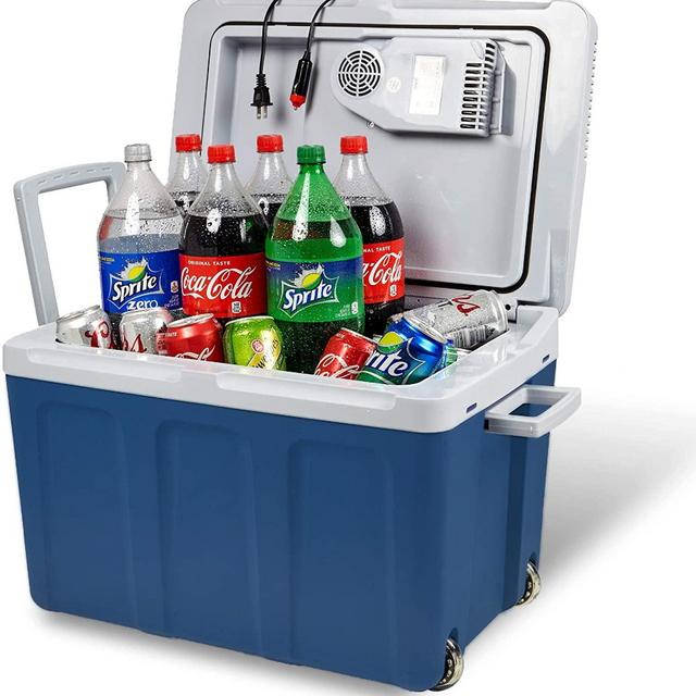 Electric Cooler and Warmer for Car and Home with Wheels - 48 Quart (45 Liter) Holds 60 Cans or 6 Two Liter Bottles and 15 Cans - Dual 110V AC House and 12V DC Vehicle Plugs