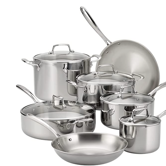 Tramontina Stainless Steel Tri-Ply Clad 12-Piece Cookware Set, Glass Lids, 80116/1012DS