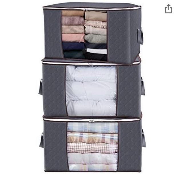 Lifewit Large Capacity Clothes Storage Bag Organizer with Reinforced Handle Thick Fabric for Comforters, Blankets, Bedding, Foldable with Sturdy Zipper, Clear Window, 3 Pack, 90L, Grey