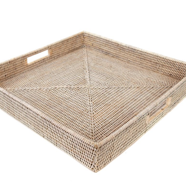 Pottery Barn - Tava Handwoven Rattan Square Serving Tray - White Wash