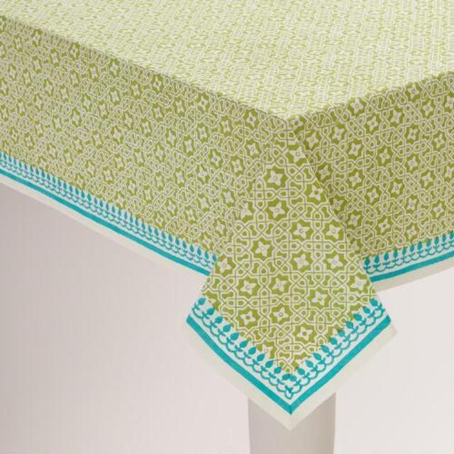 Green and Aqua Geo Cotton Tablecloth