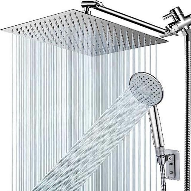 Shower Head, NERDON 12'' High Pressure Rainfall Shower Head Handheld Combo 5 Settings with 15'' Brass Height/Angle Adjustable Extension Arm 60" Hose, Stainless Steel Bath Rain Showerhead with 4 Hooks