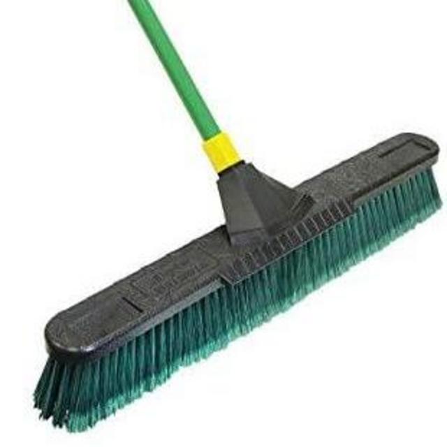 Quickie Bulldozer 24-Inch Multi-Surface Push Broom, Size: 60 Wood Handle with Swivel Hang-up Feature. 15/16-inch Diameter Handle, Green - with Scraper