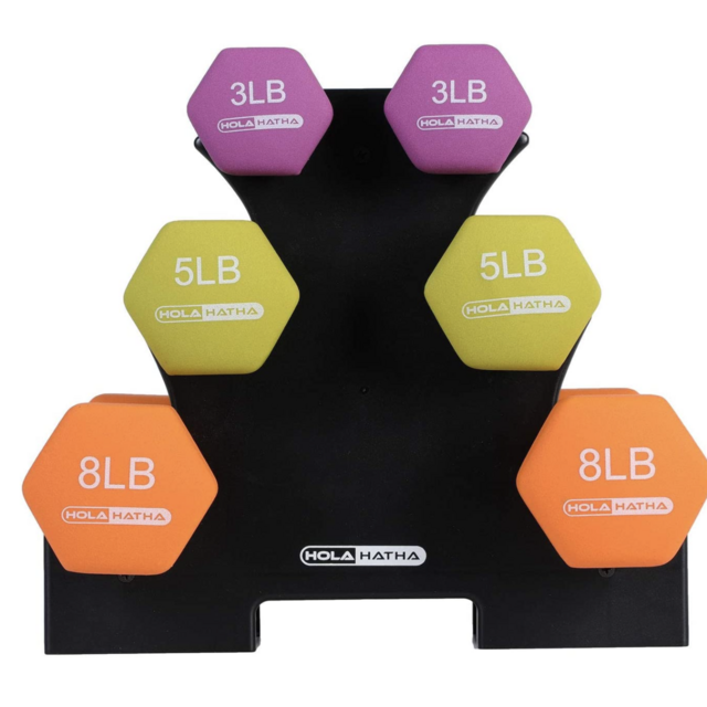 HolaHatha 3Lb, 5Lb & 8Lb Hex Dumbbell Set with Rack Stand, Ideal Strength Weight Training for Ladies, Women’s Weights Perfect Home Workout Gym Exercises for Muscle Toning Fitness