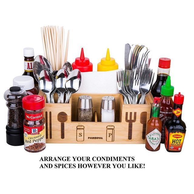 Bamboo Wooden Utensil Caddy Flatware - Holder for Spoons, Knives, Forks, Chopsticks, Salt Pepper Shakers, Napkins, Condiments, Spices, Silverware Drawer Organizer Home, Restaurant, Camper