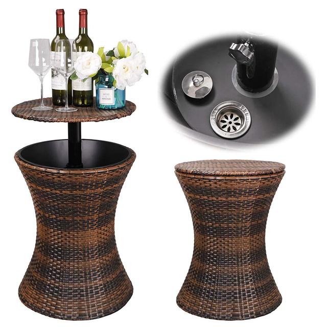 Super Deal 3in1 All-Weather Wicker Bar Table + Ice Bucket + Cocktail Coffee Table All in One, Rattan Style Adjustable Height Patio Party Deck Pool Use, Brown