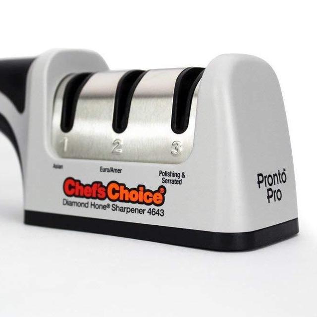 Chef’sChoice 4643 ProntoPro Diamond Hone Manual Knife Sharpener Extremely Fast Sharpening Euro-American and Asian Style Knives Precise Bevel Angle Control Diamond Abrasive Made in USA, 3-Stage, Silver