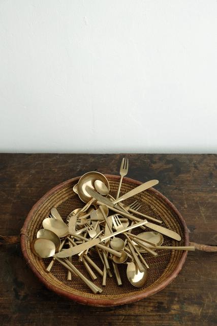 Vintage hexagonal shaped cutlery set for 6 in solid brass