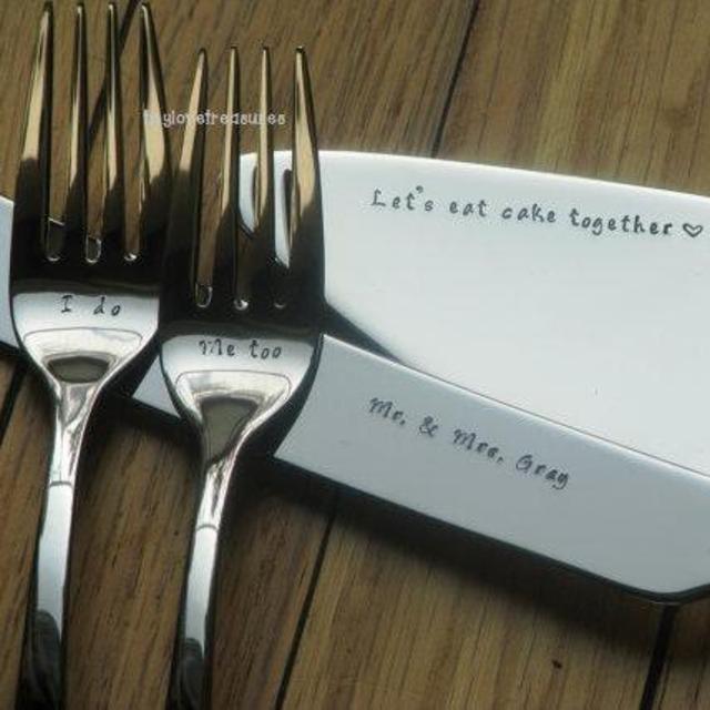 4 Piece Wedding Cake Serving Set - Server, Knife And Forks - Personalized And Hand Stamped For The Bride And Groom