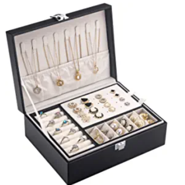 COOYUY Jewelry Box for Women Girls Wife Ideal Gift, Double Layer Jewelry Organizer Display Earrings Bracelets Rings Necklaces, PU Leather & Soft Velvet Lined Jewelry Storage Case, Black