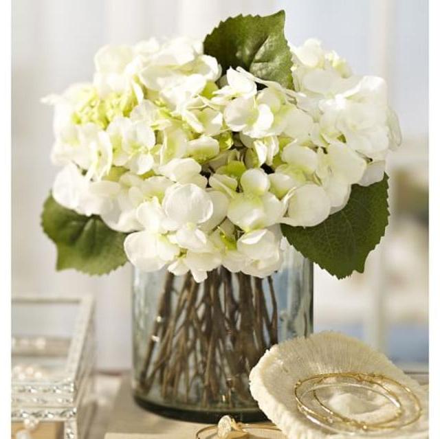 White Hydrangea Arrangement in Glass Vase