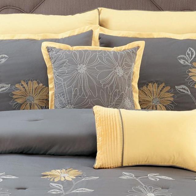 Yellow / Grey Renee Comforter Set Sunflower Embroidery Bed In A Bag Queen Size Bedding