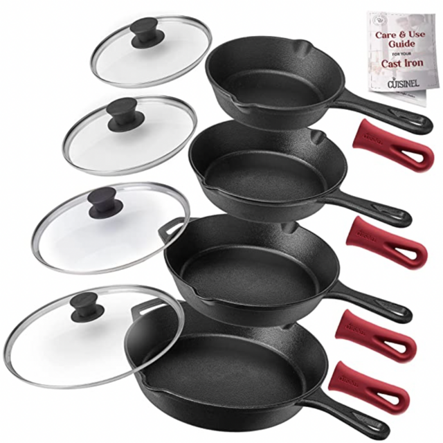 Cast Iron Skillet Set - 6"+8"+10+12"-Inch + Glass Lids + Silicone Handle Holder Cover Grips - Pre-Seasoned Frying Pan - Oven Safe Cookware - Indoor/Outdoor Use - Grill, Stovetop, Induction, Fire Safe