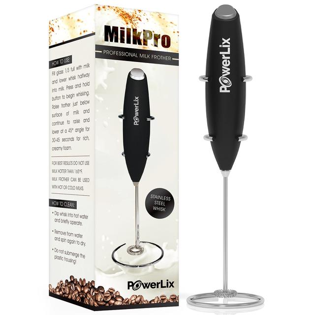 PowerLix Milk Frother Handheld Battery Operated Electric Foam Maker For Coffee, Latte, Cappuccino, Hot Chocolate, Durable Drink Mixer With Stainless Steel Whisk, Stand Include