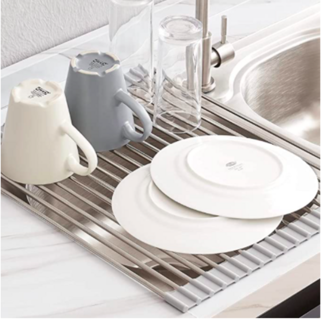 LIMNUO Roll Up Dish Drying Rack, Over The Sink Dish Drying Rack Kitchen Rolling Dish Drainer Foldable SUS304 Dish Drying Rack for Kitchen Sink Counter (L-18.5''(W) 13.2''(L), Gray)